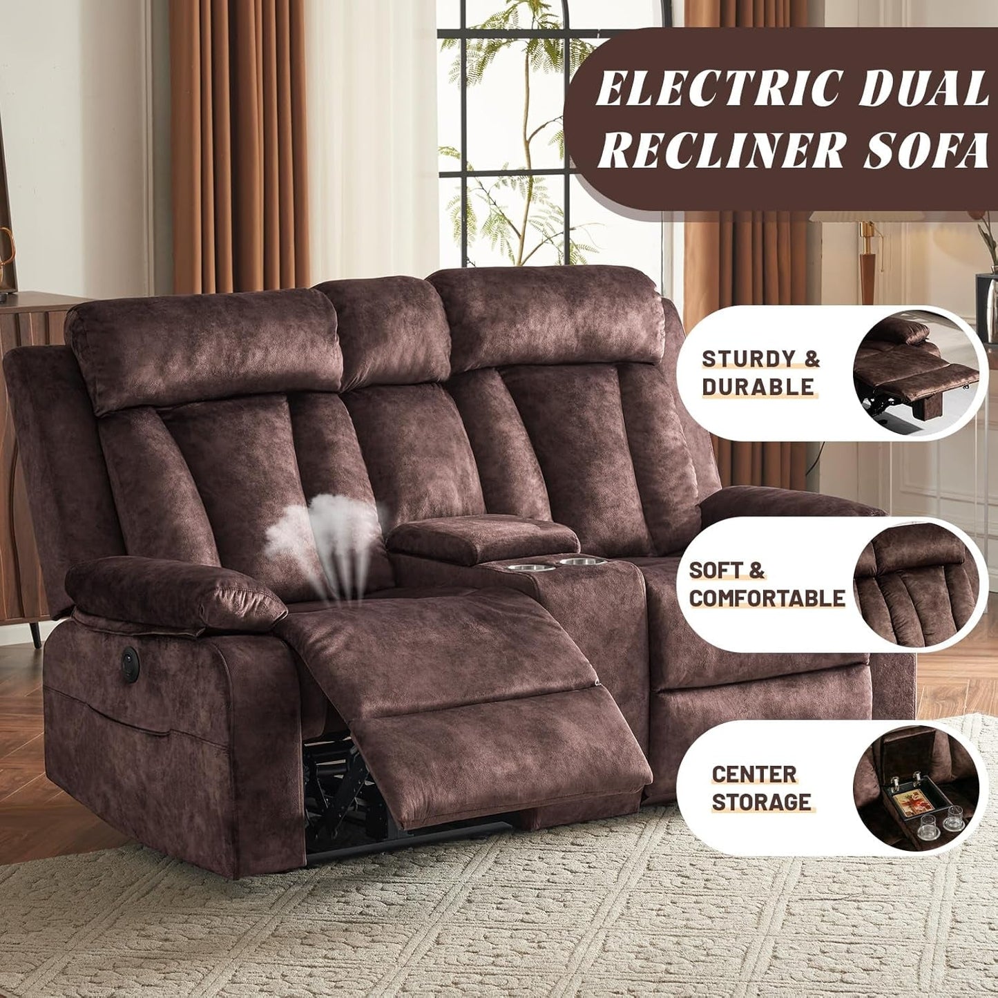 Electric Power Reclining Sofa Set - 3-Seater with Flip-Top Console & Massage Heat, Faux Leather Dual Recliner with USB Ports & Storage, Perfect for Living Room Comfort & Convenience (Brown)-2