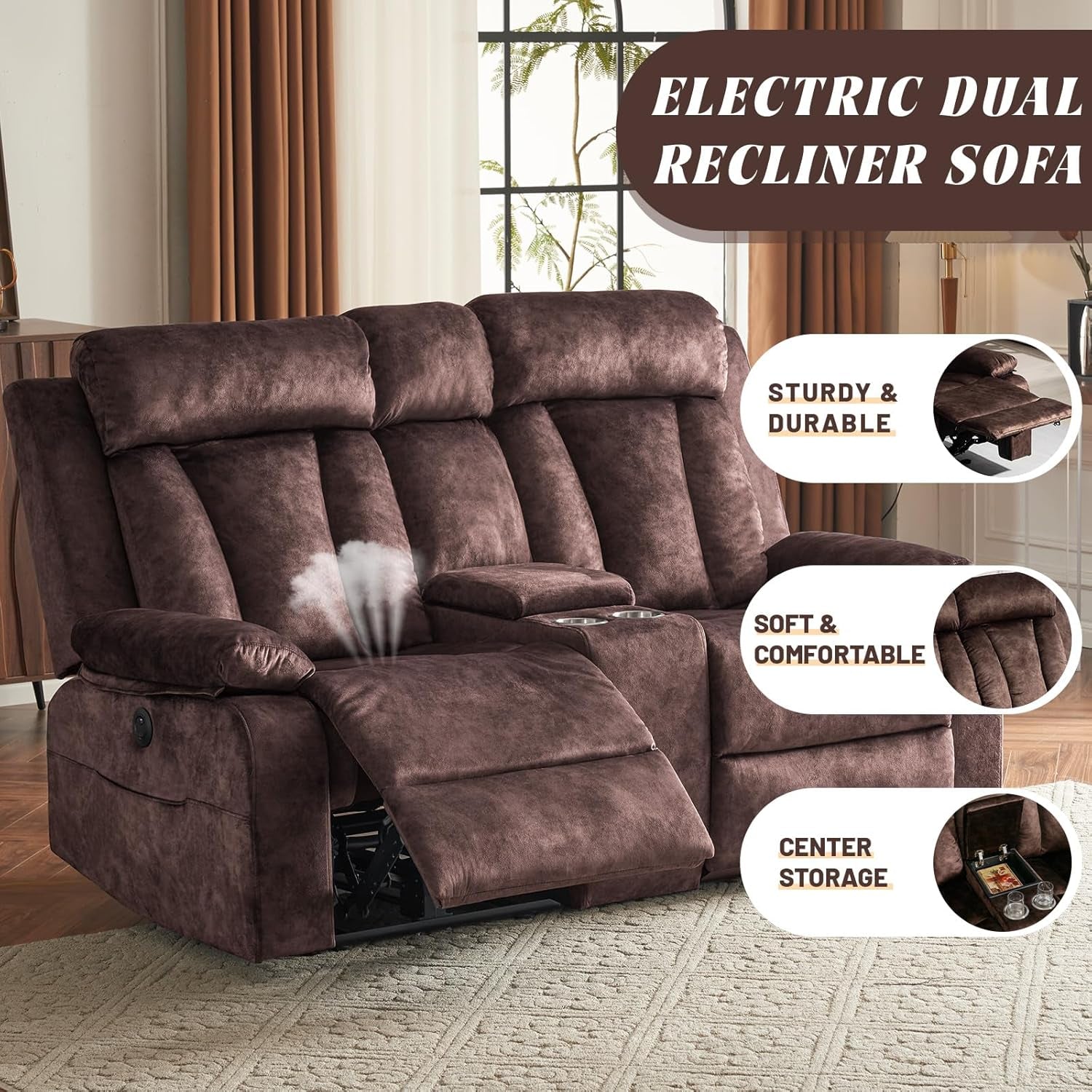 Electric Power Reclining Sofa Set - 3-Seater with Flip-Top Console & Massage Heat, Faux Leather Dual Recliner with USB Ports & Storage, Perfect for Living Room Comfort & Convenience (Brown)-2
