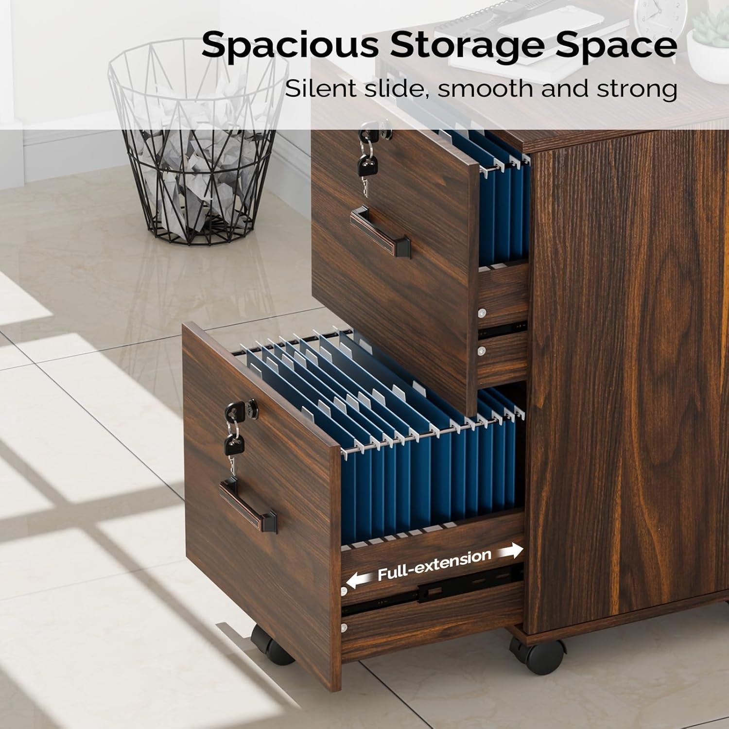 2 Drawer File Cabinet with Lock, Wood Dark Brown File Cabinet for Letter Size File Folders with Tabs, under Desk Rolling File Cabinets for Home Office, Mobile Filing Cabinet Printer Stand-3