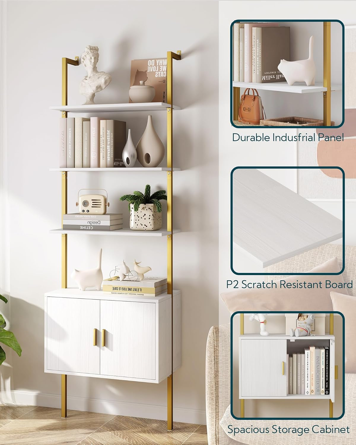 73" Tall Bookshelf with Cabinet, Industrial Ladder Wall Mount Shelf Bookcase with Wood and Metal Frame, Plant Shelf Wall Storage Display for Living Room Bedroom, White Gold-3