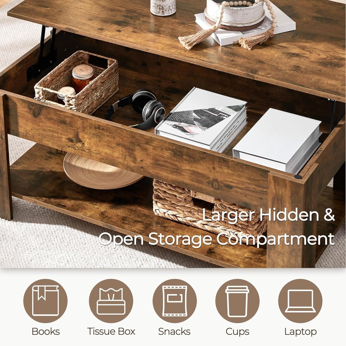 Coffee Table, 47.5In Lift Top Coffee Table with Hidden Compartment and Storage Shelf, Lift Tabletop Dining Table for Living Room Reception Room, Rustic Brown-3