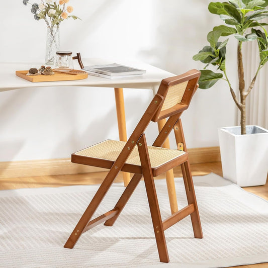 Rattan Folding Chair, Modern Mid Century Dining Chairs Set of 1, Comfy Outdoor Bamboo Chairs for Bedroom Living Room Reading Room Dining Kitchen, Walnut-1