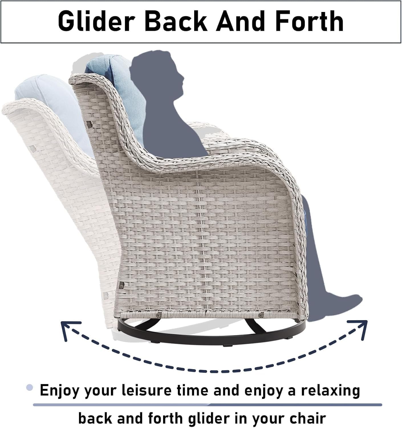 7 Pieces Patio Furniture Set with Fire Pit Table, Wicker Rattan Outdoor Furniture Set with Swivel Rocker Chairs for Yard, Deck, Garden, Light Beight/Light Blue-2