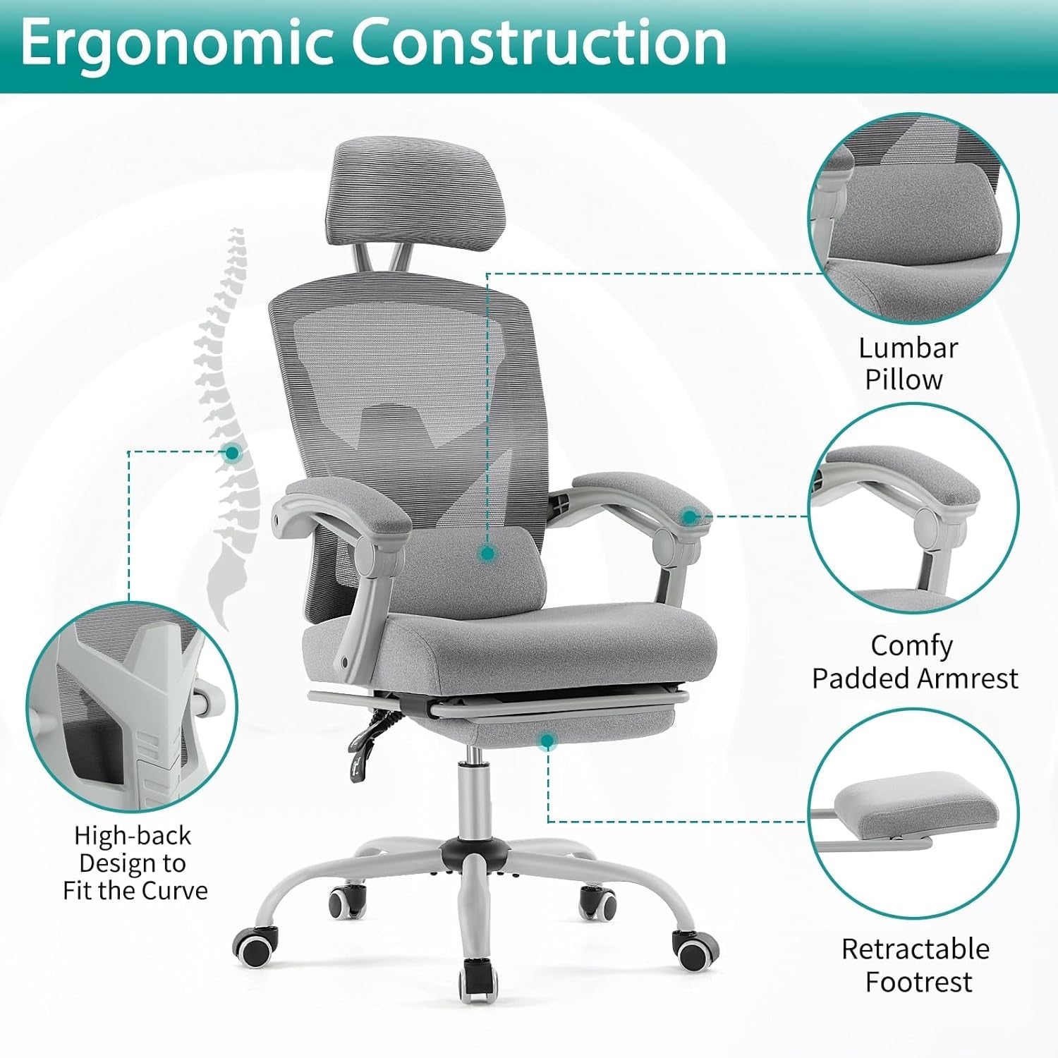 Home Office Desk Chair with Footrest, High-Back Mesh Rolling Swivel Reclining Chairs with Wheels, Comfortable Headrest, Lumbar Support, Comfy Arms for Home, Office, Gaming, Student, Grey-3
