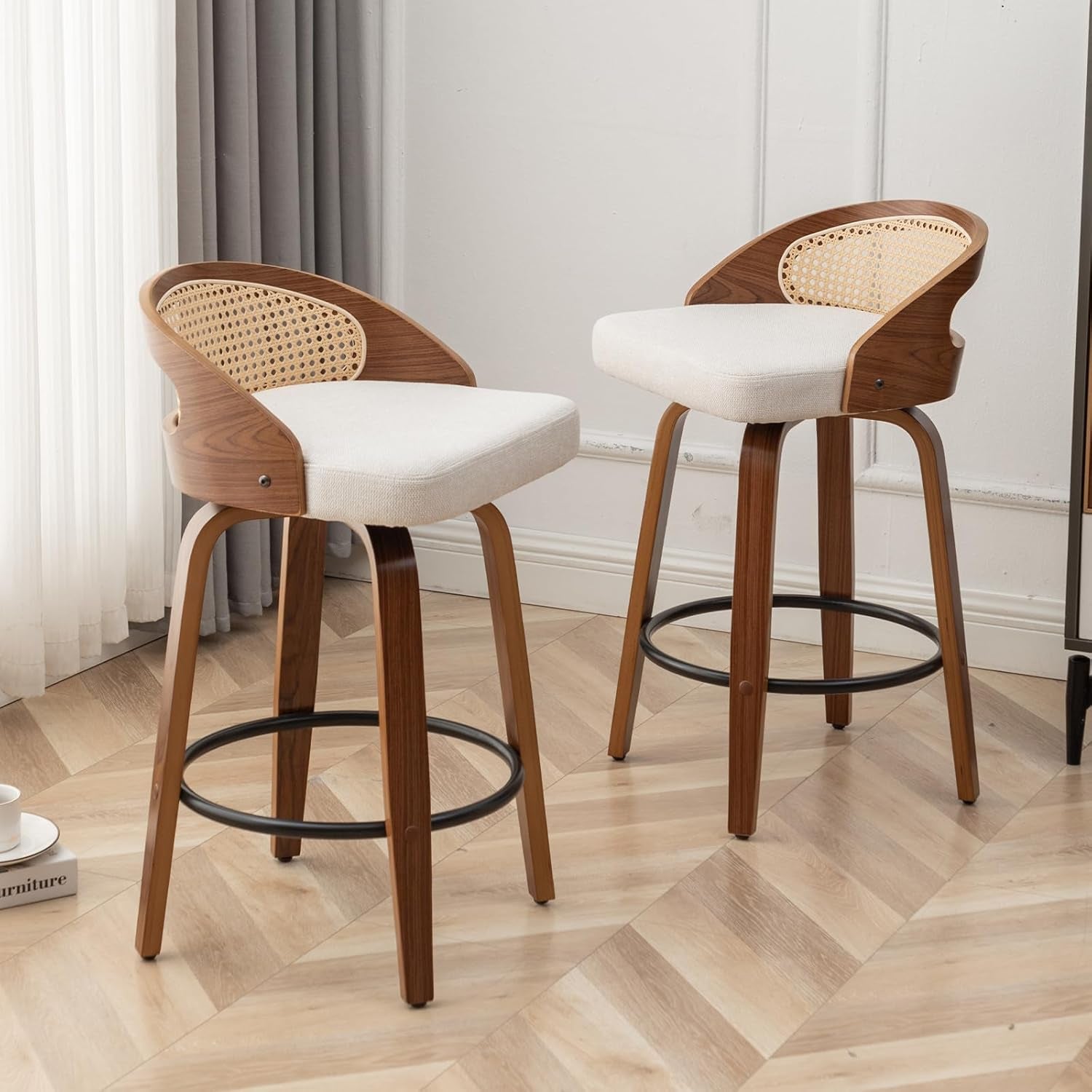 25" Beige Rattan Swivel Counter Stools (Set)-0