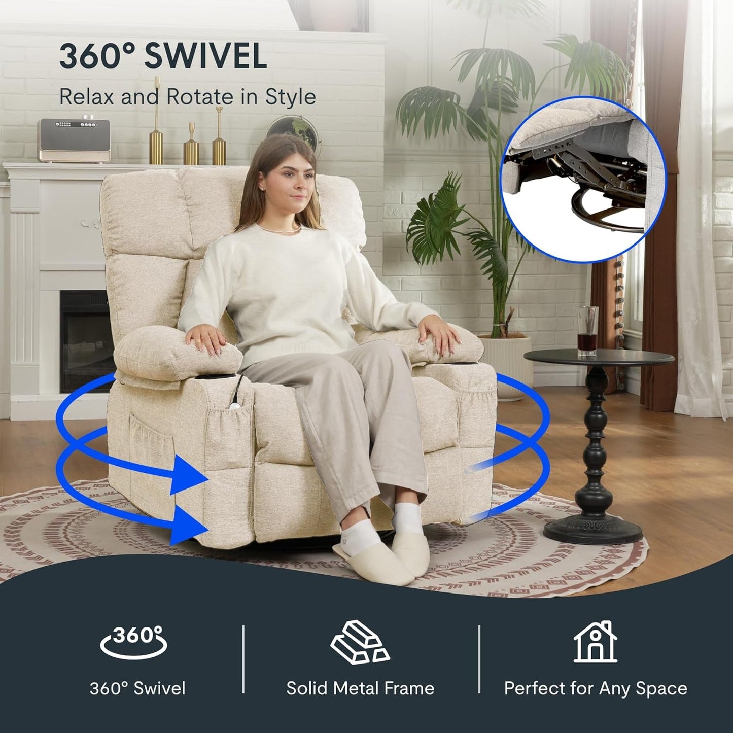 XRC3 Rocker Recliner Chair for Adults W/Massage & Heat, 360° Swivel Recliner Chair W/Cup Holders, USB Port, Manual Glider Rocking Chair for Living Room Nusery,Beige-2