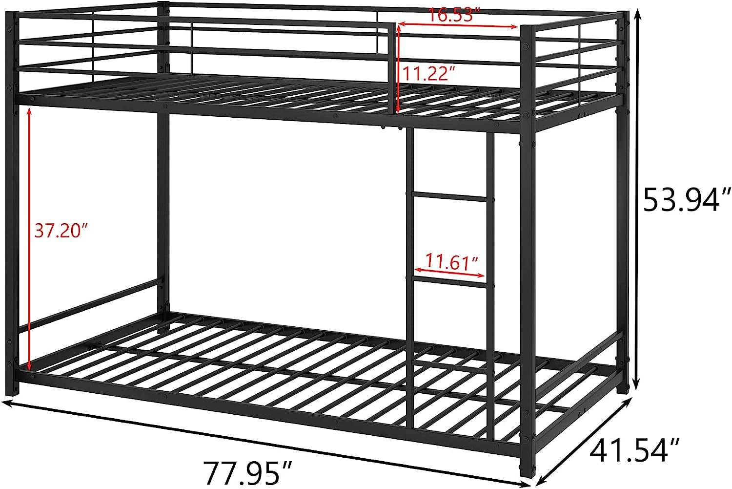 Twin Metal Low Bunk Bed with Guard Rails and Ladder-2
