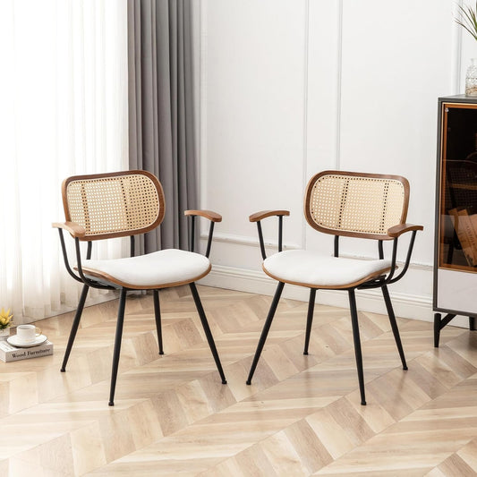 Rattan Dining Room Chairs Set of 2,Mid Century Modern Kitchen Side Chairs, Metal Legs Desk Chairs,Linen Fabric Accent Chairs with Arms and Rattan Backrest,Beige Fabric-0