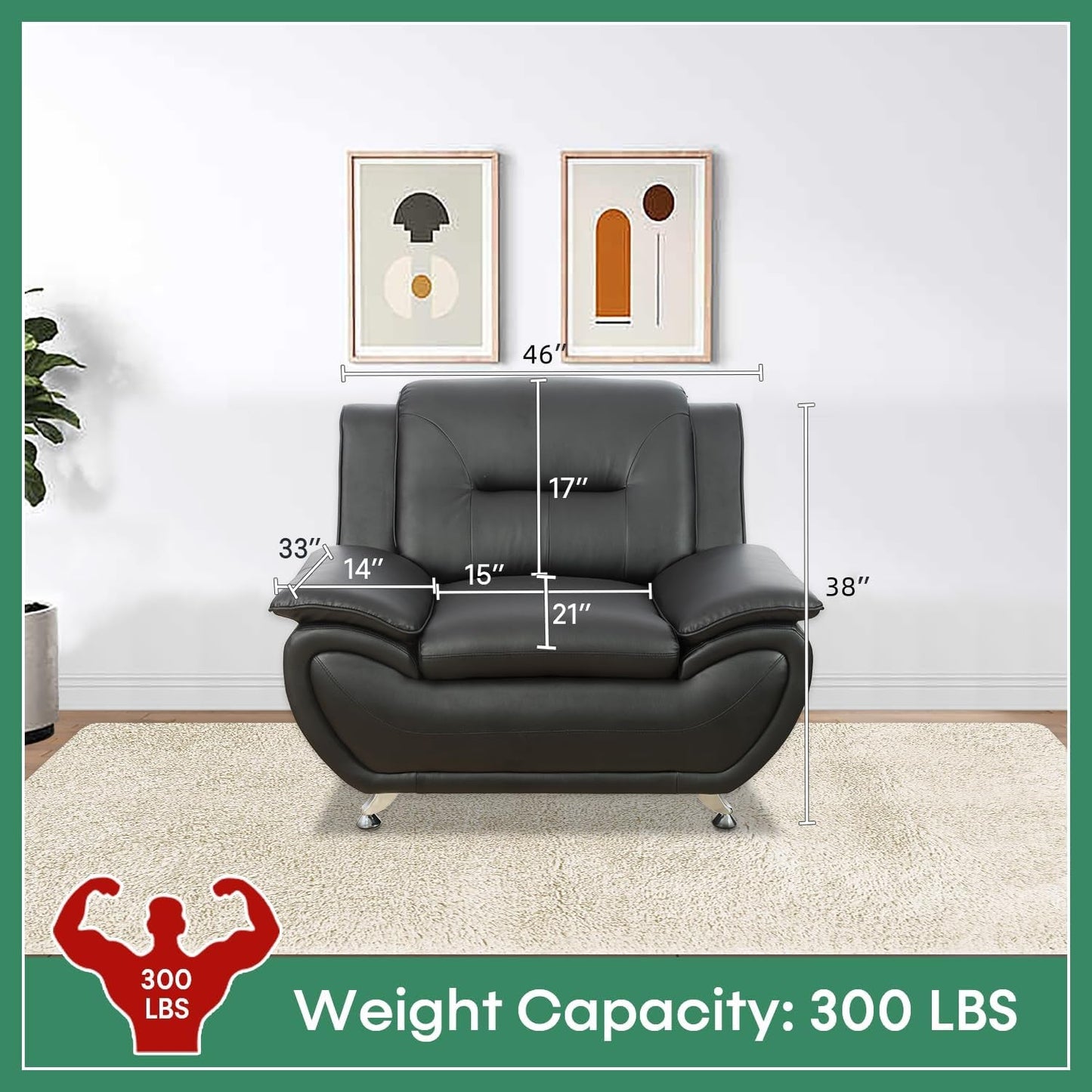 Leather Sofa Set,Leather Sofa Set for Living Room Furniture Sets,Oversize Loveseat Sofa with Chair for Living Room/Office/Apartment(A-Black,3-Piece)-2