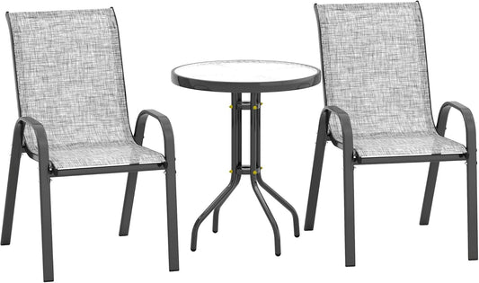 3 Pieces Outdoor Bistro Set, Small Patio Set with Stackable Mesh Chairs and Glass Top Table, High Back Patio Furniture Set for Backyard, Balcony, Garden, Gray-0