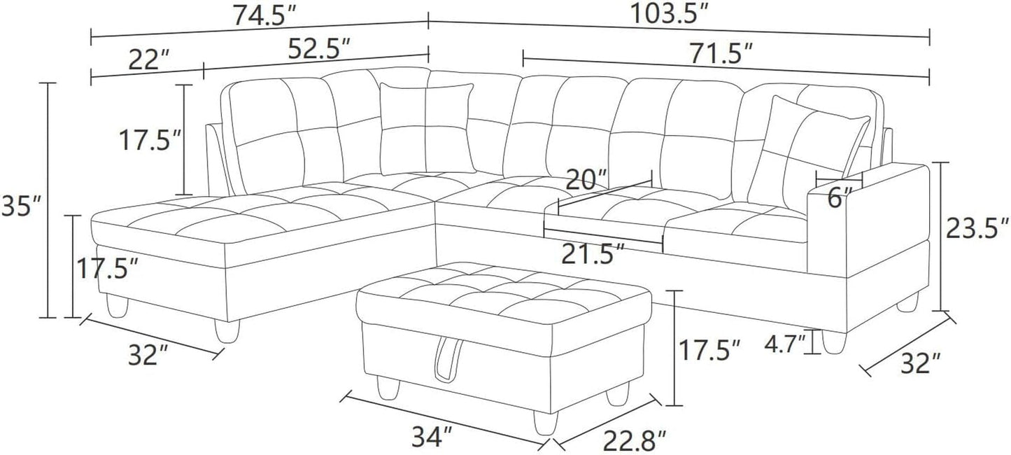 L Shaped Sectional Couches, Modern Convertible Lounge Leather Couch with Ottoman Storage, Comfy Modular Sectional Sofa for Living Room Furniture Sets, Small Spaces, Dark Grey-1