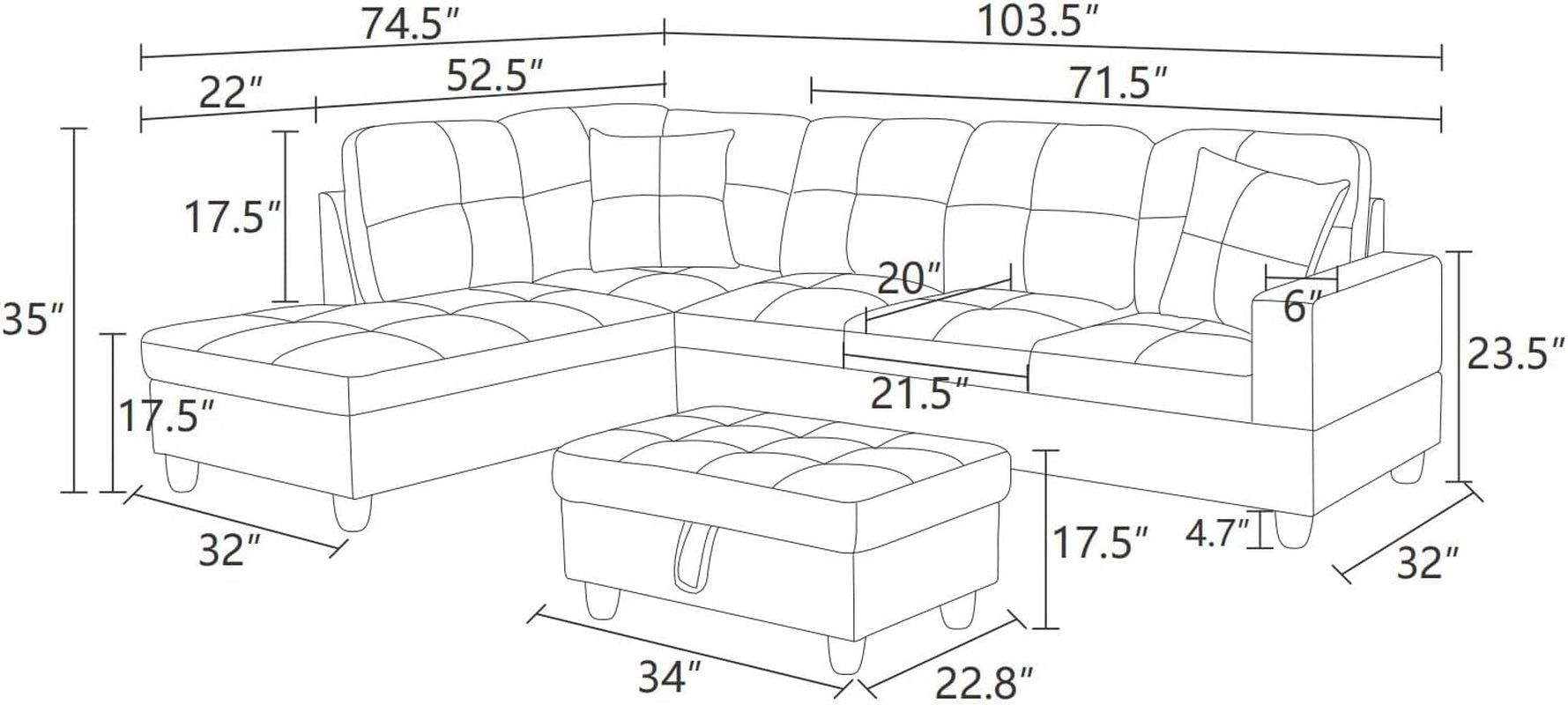 L Shaped Sectional Couches, Modern Convertible Lounge Leather Couch with Ottoman Storage, Comfy Modular Sectional Sofa for Living Room Furniture Sets, Small Spaces, Dark Grey-1