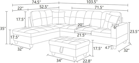 L Shaped Sectional Couches, Modern Convertible Lounge Leather Couch with Ottoman Storage, Comfy Modular Sectional Sofa for Living Room Furniture Sets, Small Spaces, Dark Grey-1
