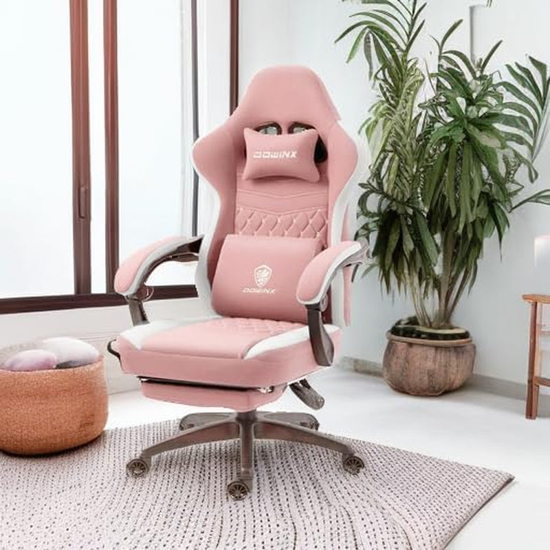 Gaming Chair Breathable Fabric Computer Chair with Pocket Spring Cushion, Comfortable Office Chair with Gel Pad and Storage Bag,Massage Game Chair with Footrest,Pink-1