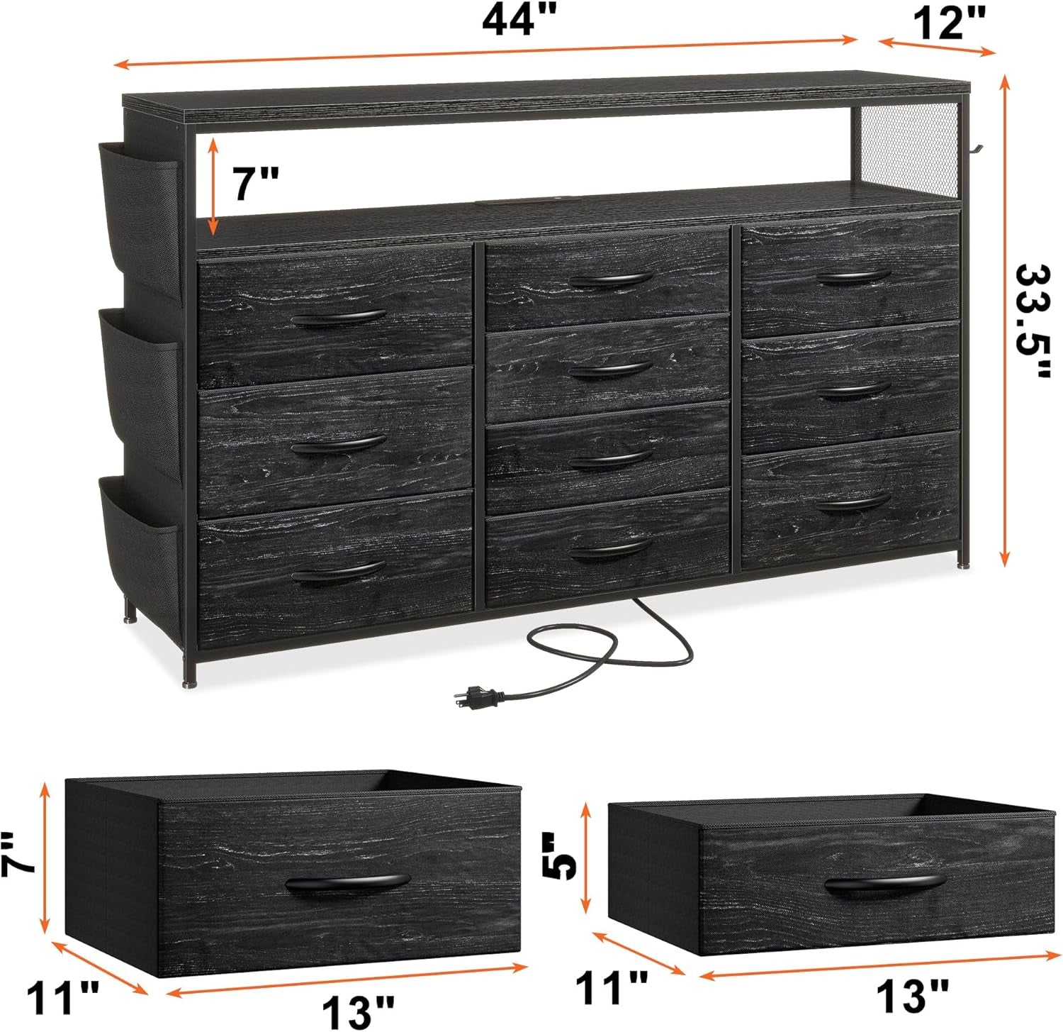 Dresser TV Stand with 10 Drawers for 55" TV Stand for Bedroom with LED Lights & Power Outlets Wide Dresser for Bedroom with Shelves & Side Pockets Sturdy Metal Frame & Wood Top, Charcoal Black-2