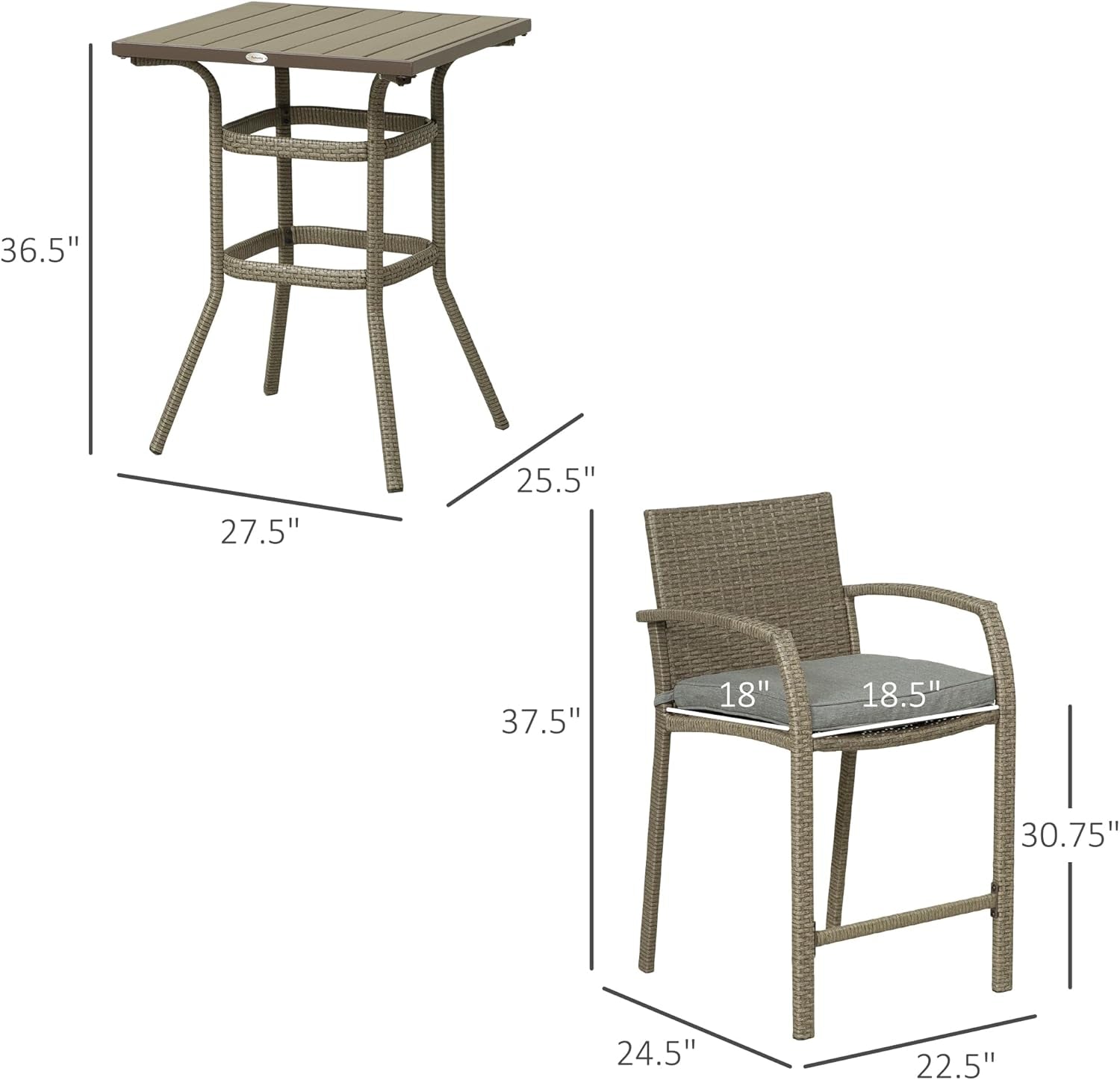 3 PCS Rattan Wicker Bar Set with Wood Grain Top Table and 2 Bar Stools for Outdoor, Patio, Poolside, Garden, Grey-4