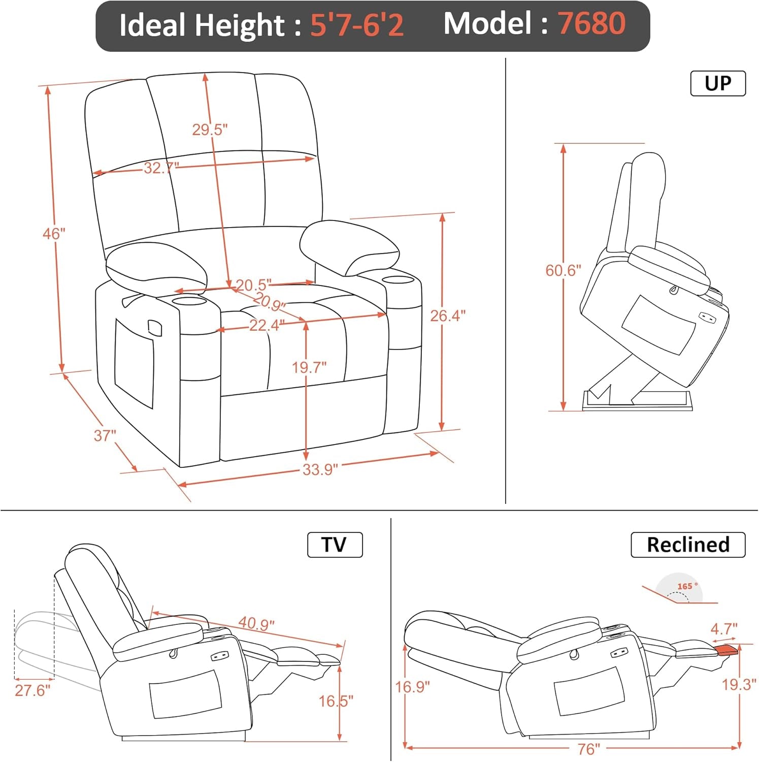 Large Lay Flat Dual Motor Power Lift Recliner Chair Sofa with Massage and Heat for Elderly People, Infinite Position, Faux Leather 7680 (Dark Brown, Large)-2
