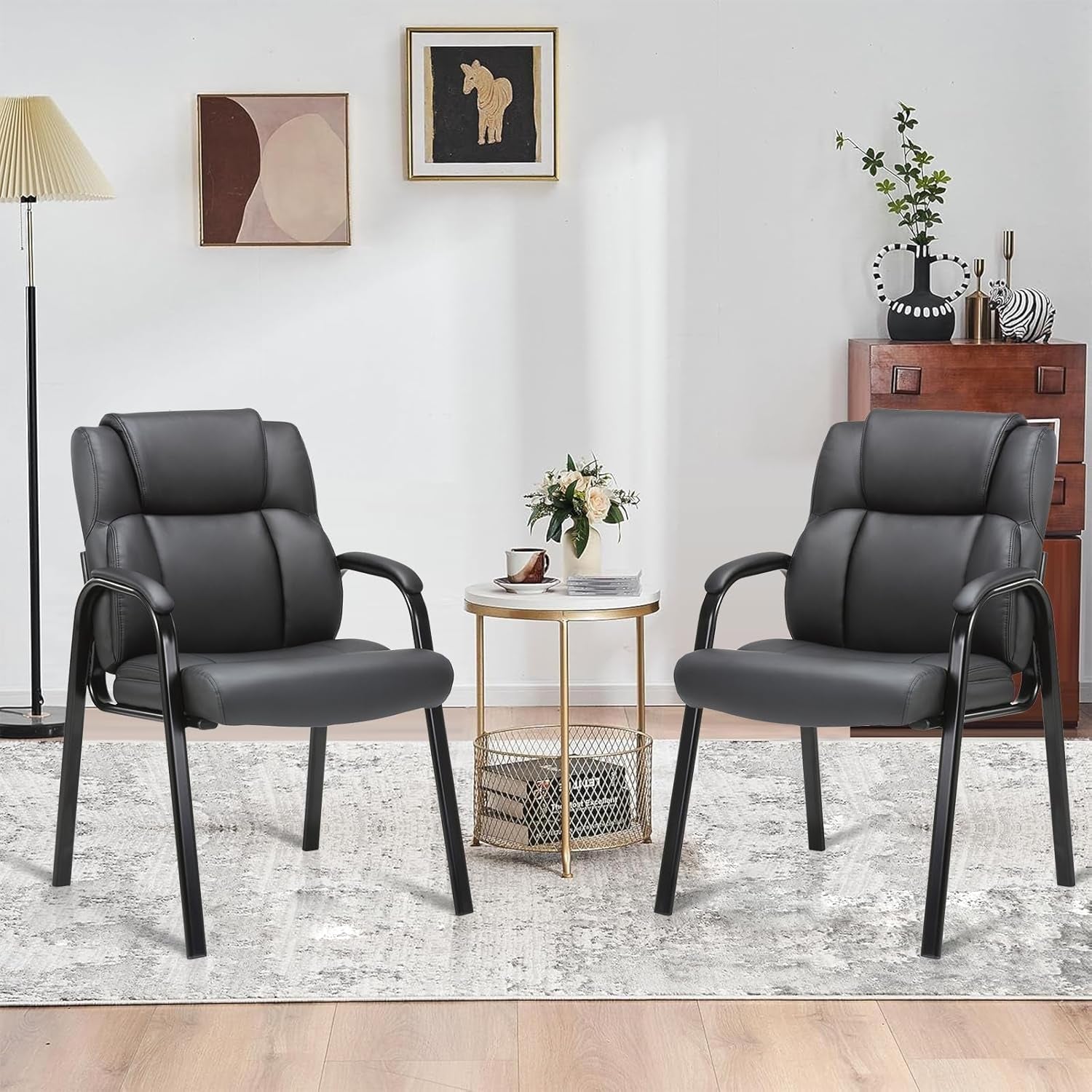 Black Leather Guest Chairs, Padded Arms, 2-Pack, Office-0