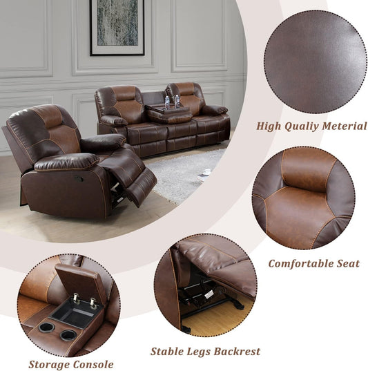 Manual Recliner Sofa Set, Bonded Leather Sofa with Recliners, Reclining Couch with Storage Console and Cup-Holders for Living Room/House/Bedroom/Office/Apartment (Brown / 3 Pieces Set)-1