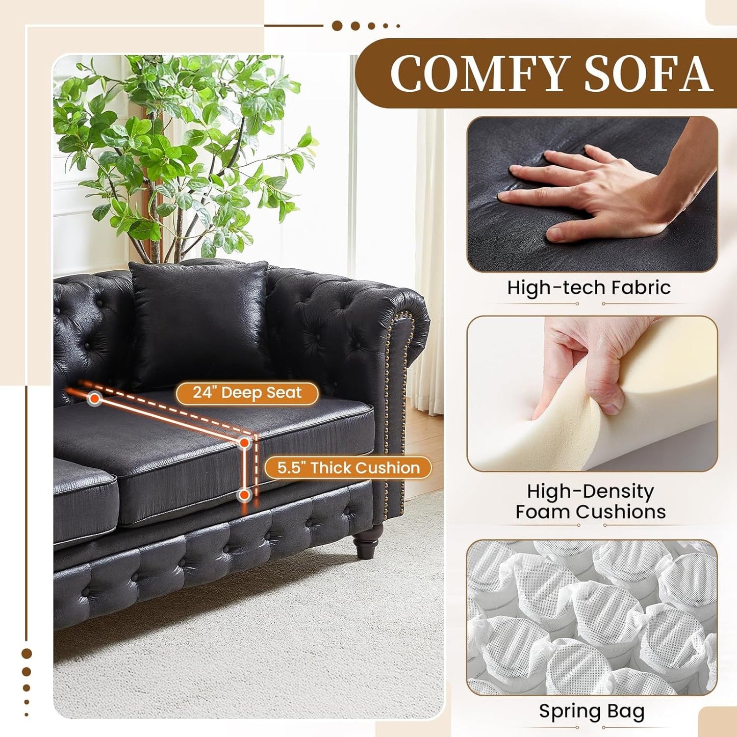 2 Piece Living Room Sofa Set,Button Tufted Couch and Loveseat Set with Nailhead Trim&Roll Armrest,Upholstered Mid Century Modern Couch,Chesterfield Sofa for Living Room,Office(Loveseat+3 Seater,Black)-2