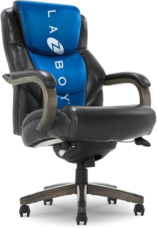 Delano Big & Tall Executive Office Chair, High Back Ergonomic Lumbar Support, Bonded Leather, Black with Weathered Gray Wood-0