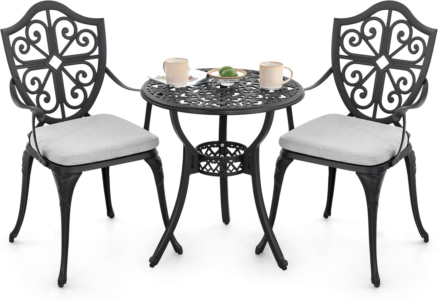 Bistro Set 3 Piece Outdoor, Cast Aluminum Patio Bistro Sets with Umbrella Hole and Grey Cushions, Bistro Table and Chairs Set of 3 for Patio Backyard, Black-0