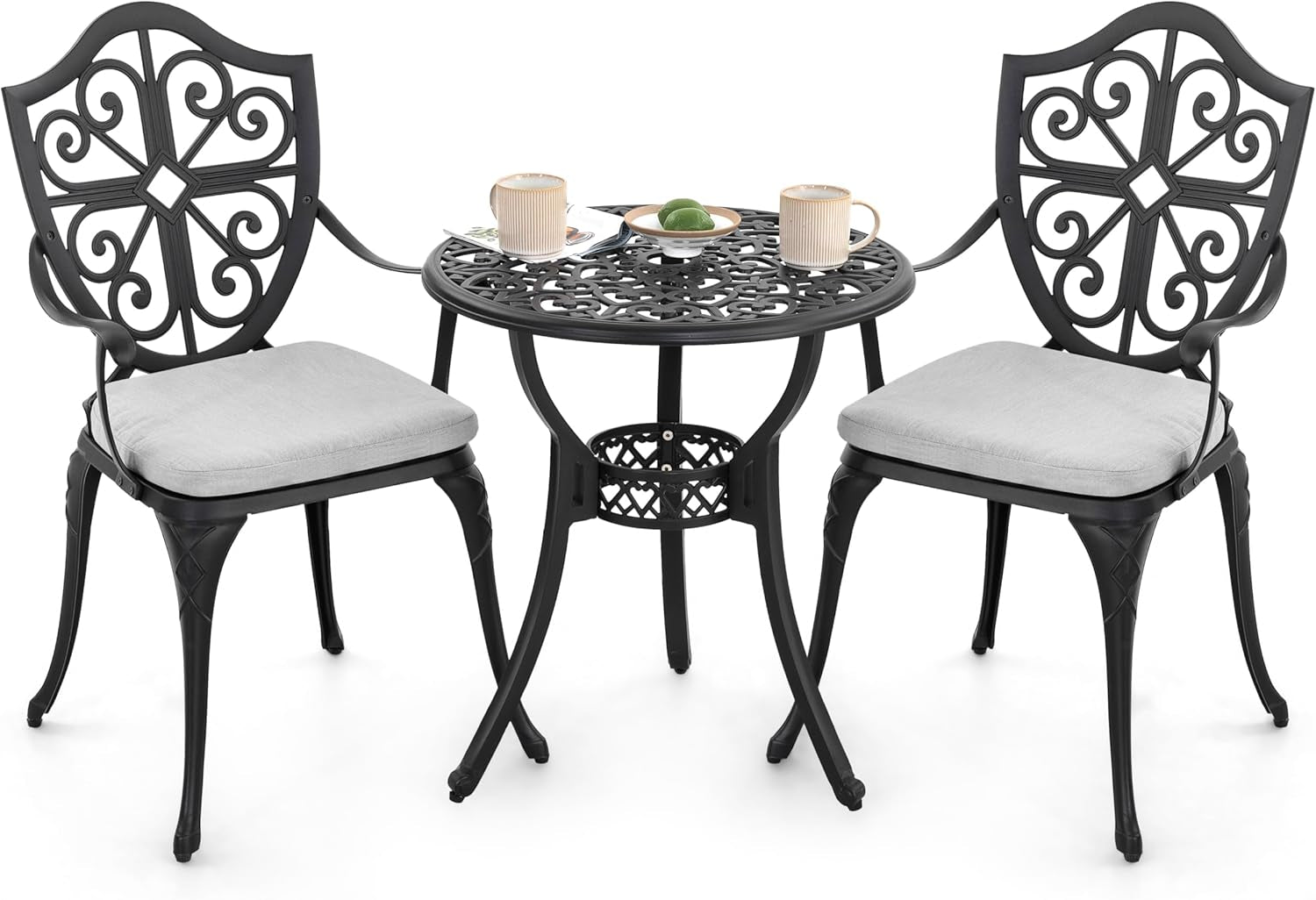 Bistro Set 3 Piece Outdoor, Cast Aluminum Patio Bistro Sets with Umbrella Hole and Grey Cushions, Bistro Table and Chairs Set of 3 for Patio Backyard, Black-0