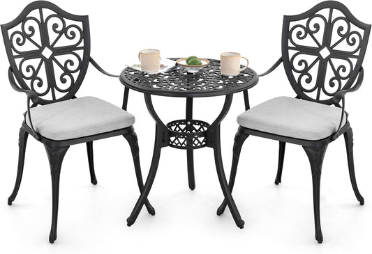 Bistro Set 3 Piece Outdoor, Cast Aluminum Patio Bistro Sets with Umbrella Hole and Grey Cushions, Bistro Table and Chairs Set of 3 for Patio Backyard, Black-0