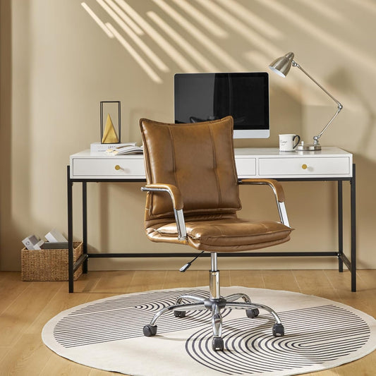 Faux Leather Home Office Desk Chair, Adjustable Swivel Computer Chair with Sliver Legs and Arms, Comfy Upholstered Task Chair(Brown)-0