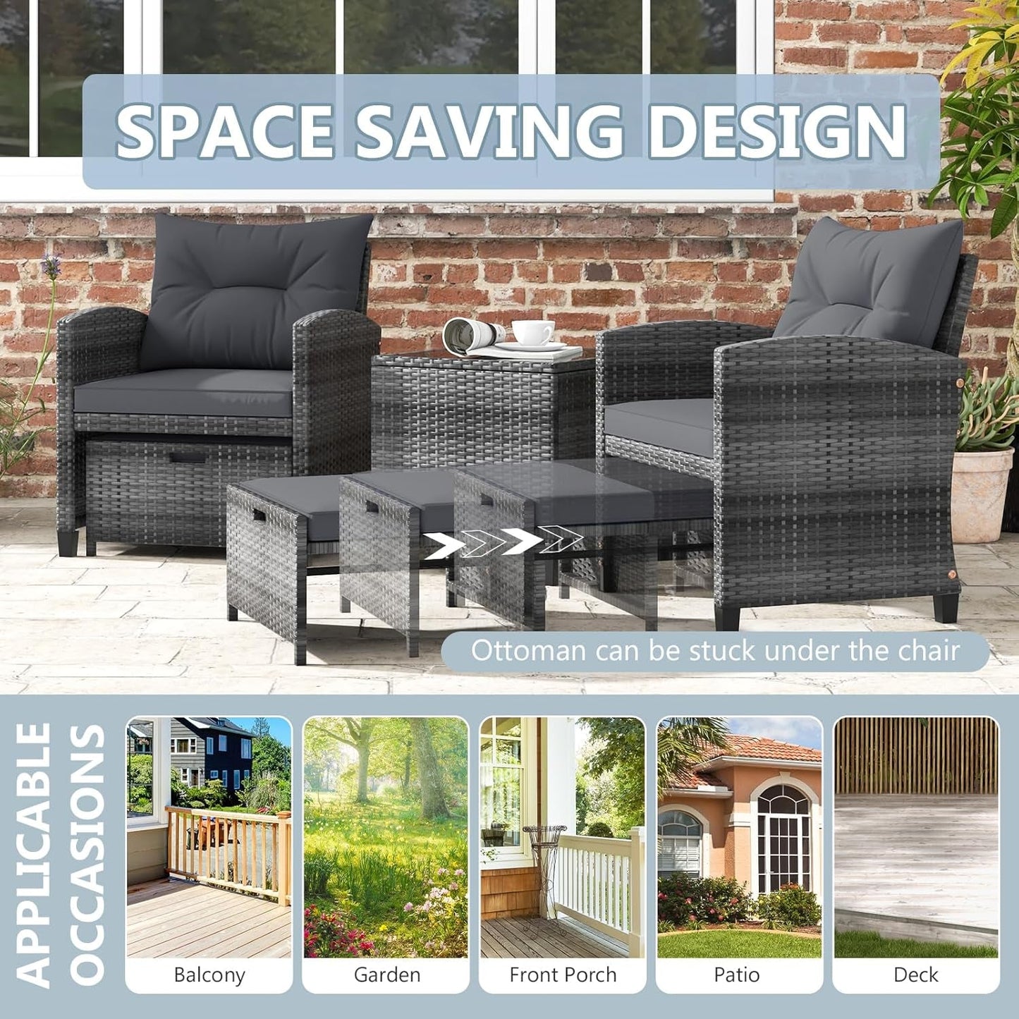 5 Pieces Patio Furniture Set with Ottoman, Wicker Conversation Set W/Cushions, Glass Coffee Table, Outdoor Lounger Rattan Chairs Bistro Set for Porch Balcony Garden Deck Poolside (Grey)-2