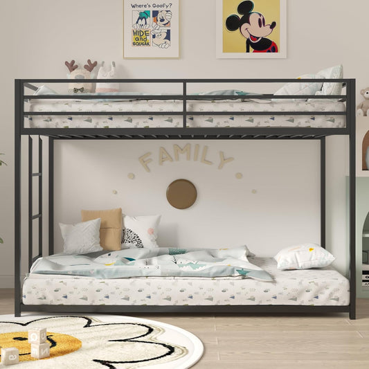 Twin Bunk Bed with Stable Ladder, Twin over Bed Frame with Full-Length Guardrail, Low Platform Bed Frame for Adults, Teens, Boys,Girls, No Box Spring Needed, Black-0