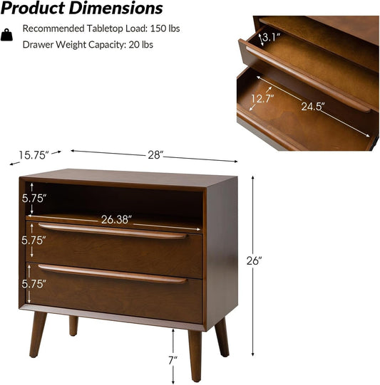 Nightstand with Charging Station, Mid-Century Modern 2 Drawer and Open Shelf Dresser for Bedroom, Fluted Bedside Table, Walnut-1