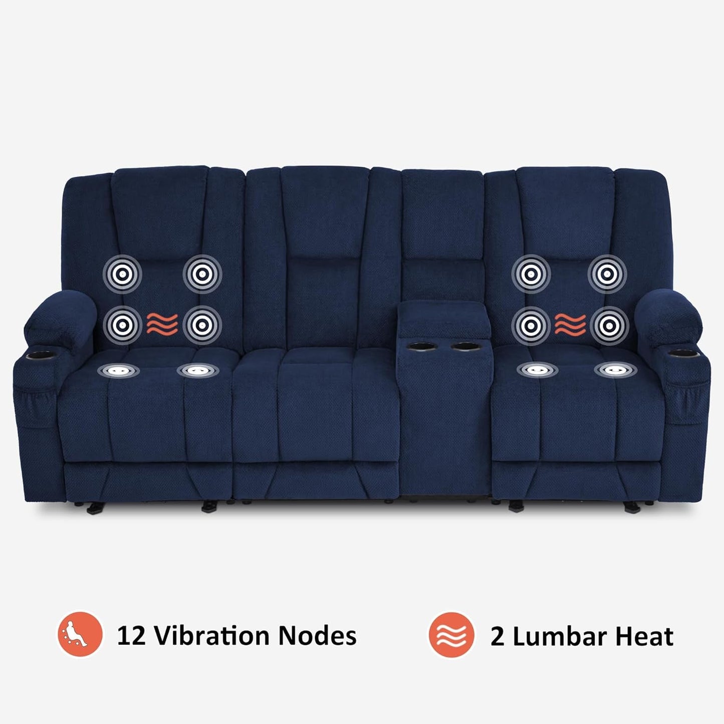 Power Reclining Sofa with Heat and Vibration,Usb Ports, Cup Holders,3-Seat Dual Recliner Sofa with Console for Living Room 6035 (Navy Blue)-3