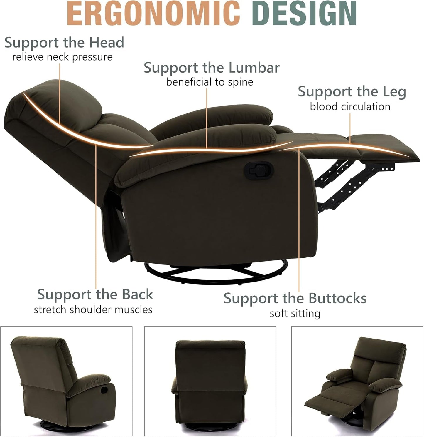 Swivel Rocker Recliner Adults, Rocking Small Recliner Chair for Small Spaces, Small Rocker Recliner Chair for Living Room, RV, Nursery, Bedroom, Dark Brown-3