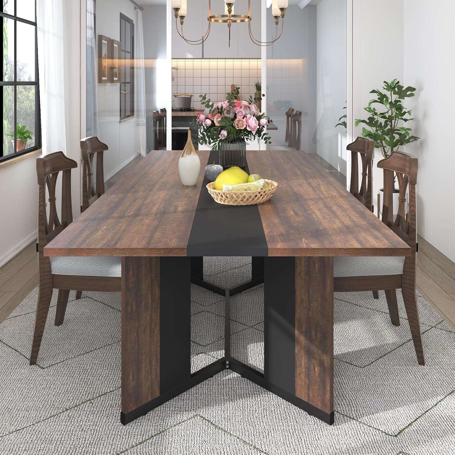71In Large Rectangular Dining Table for 4 5 6 7 People W/35 Marble-Color Wood Watrproof Brown Tabletop,Adjustable Leg.6Ft Luxurious Family Dinner Table for Office Kitchen Living Room-0