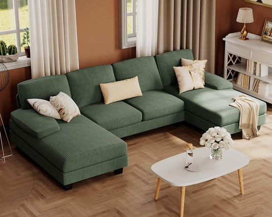 Sectional Couches for Living Room, U-Shaped Sofa Couch with Linen Fabric, 4 Seat Sofa Set with Double Chaise for Apartment (Corduroy, Dark Green)-0