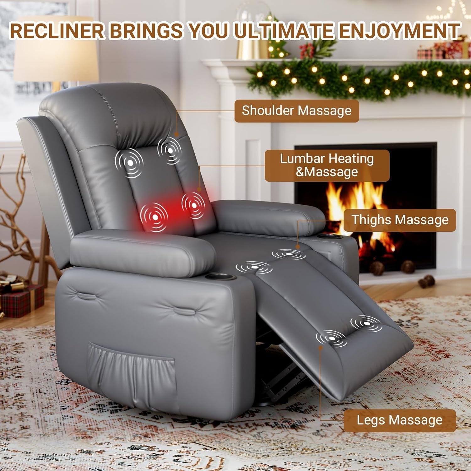 Power Lift Recliner Chair PU Leather with Massage for Elderly Ergonomic Lounge Chair Classic Single Sofa with 2 Cup Holders Side Pocket (Gray, 22" Seat Width + Cup Holder)-3