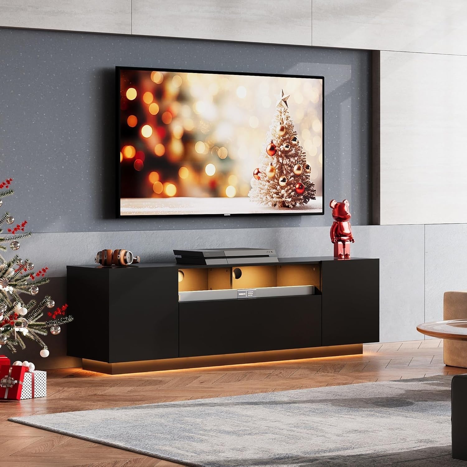 Black 58" TV Console with LED and Storage-0