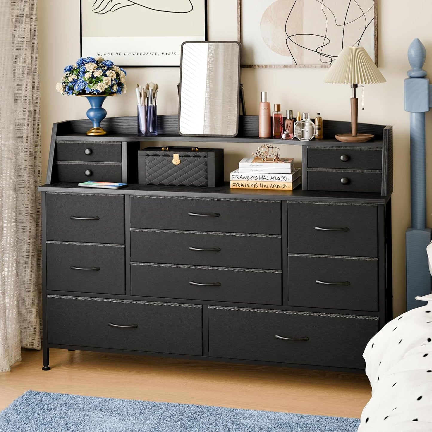 Black Nursery Dresser for Bedroom with 13 Drawers, Fabric Chest of Drawers with PU Finish for Kids, Boys, Adults, Nursery, Living Room, Closet, Entryway, Hallway (No LED Lights)-0