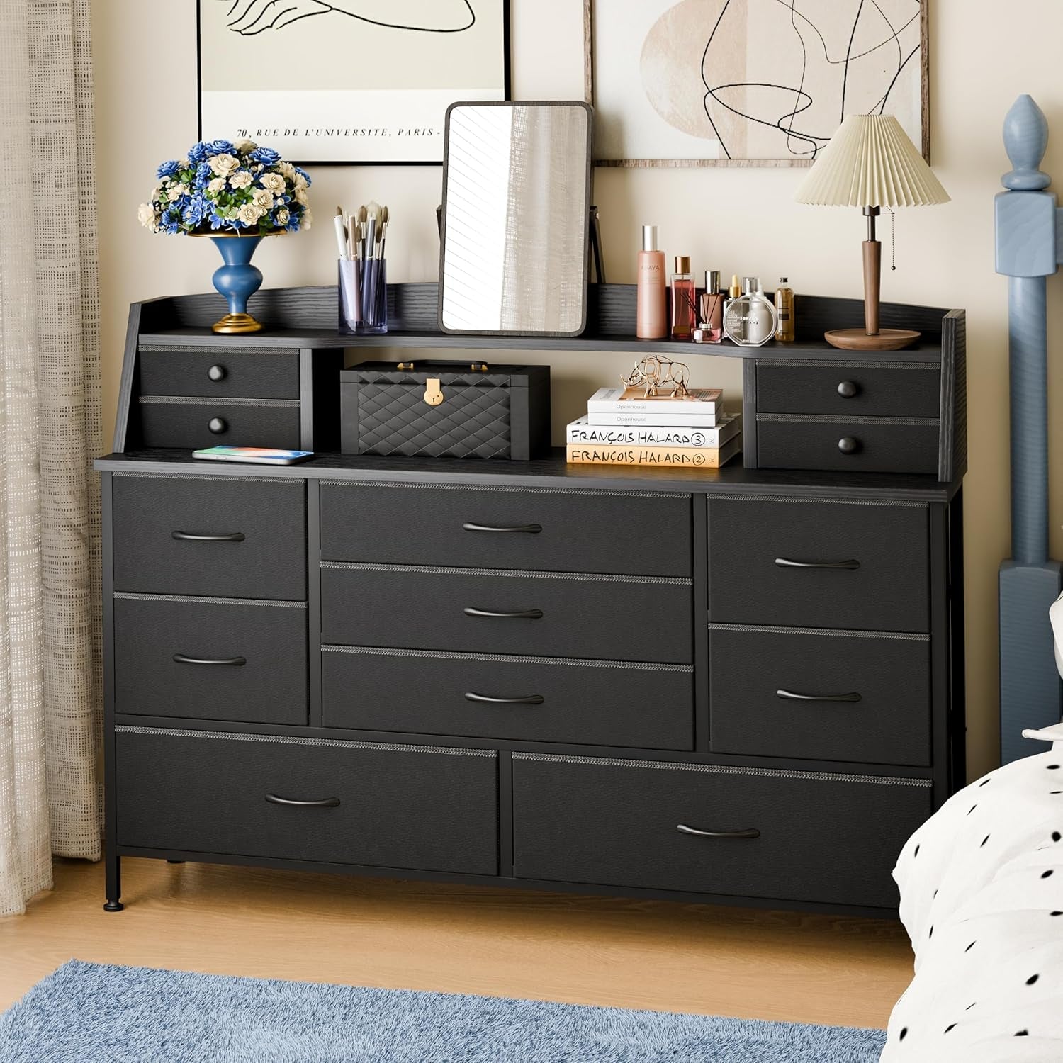 Black Nursery Dresser for Bedroom with 13 Drawers, Fabric Chest of Drawers with PU Finish for Kids, Boys, Adults, Nursery, Living Room, Closet, Entryway, Hallway (No LED Lights)-0