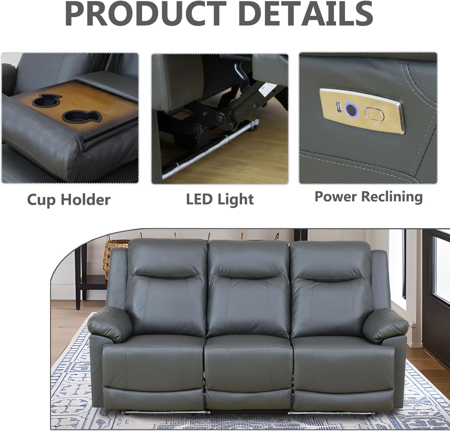 Power Leather Recliner Sofa Set with LED Lights,Living Room Furniture Set, Leather Sofa Set with USB Port/Storage Console/Cup Holders(Recliner Sofa Set) Dark Grey-4