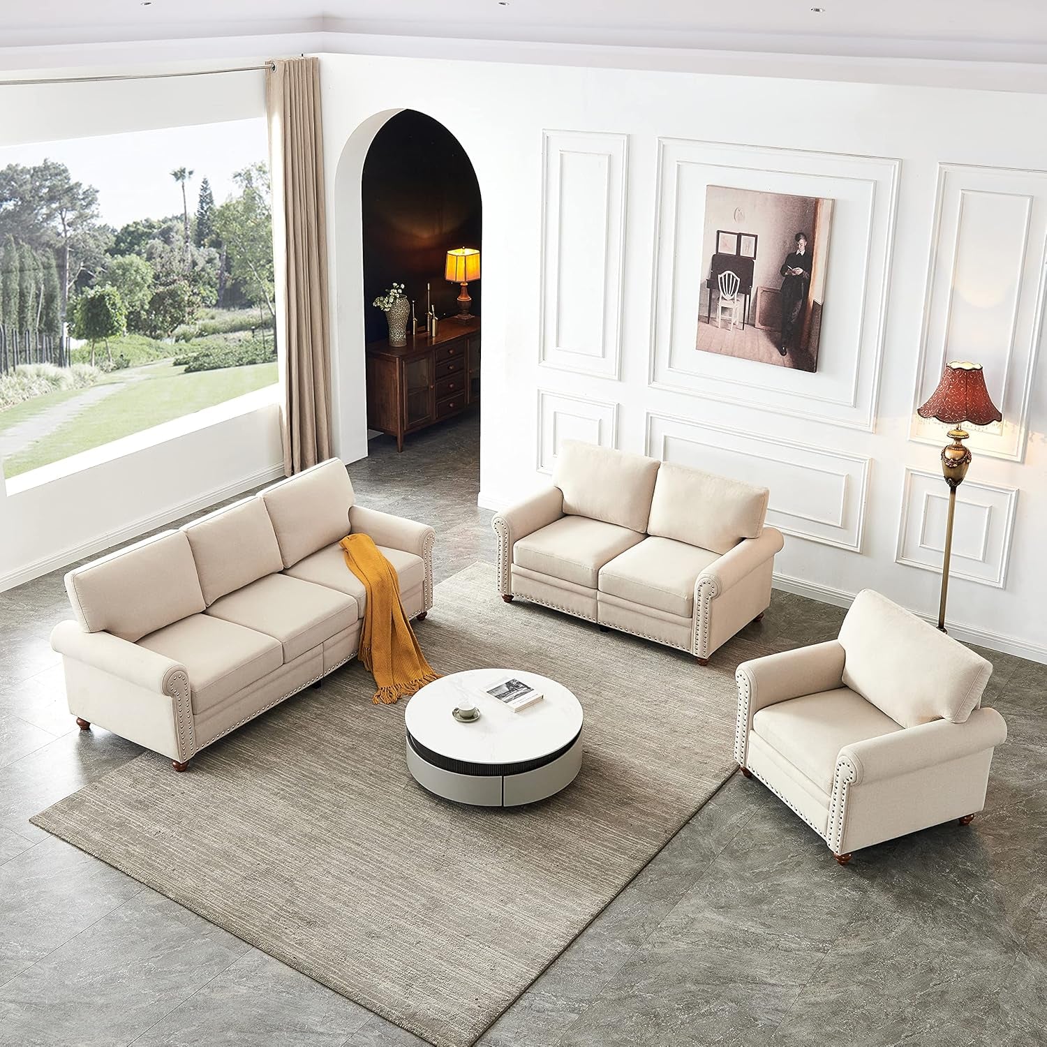 3-Piece Sofa Set 1+2+3 Secional Sofa Couch Set Living Room Sets with Storage Space & Solid Wood Legs Linen Upholstered Couch, Loveseat and Chair Set for Living Room (Beige)-3