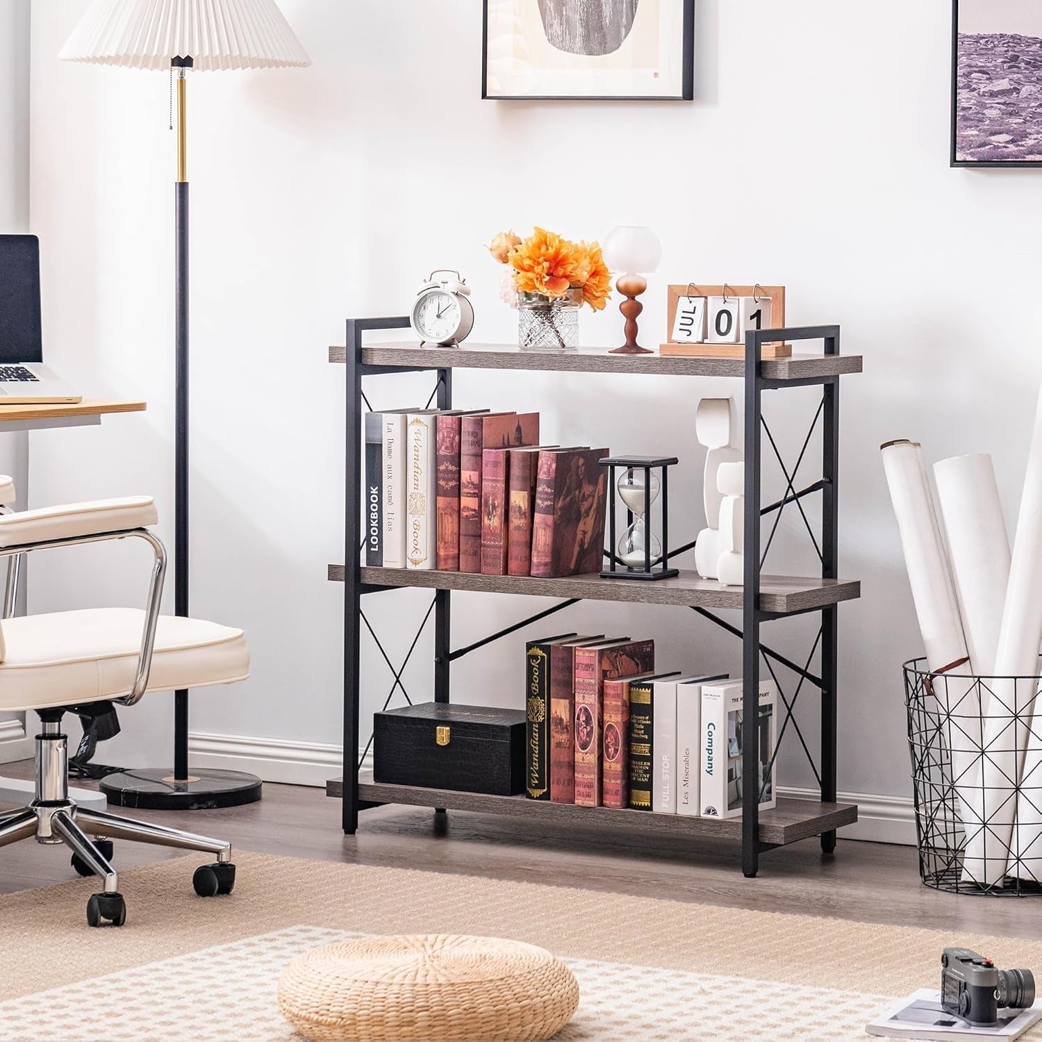 Bookshelf, 3-Tier Industrial Bookcase, Rustic Open Book Shelf, Freestanding Horizontal Bookshelves with Metal Frame-4