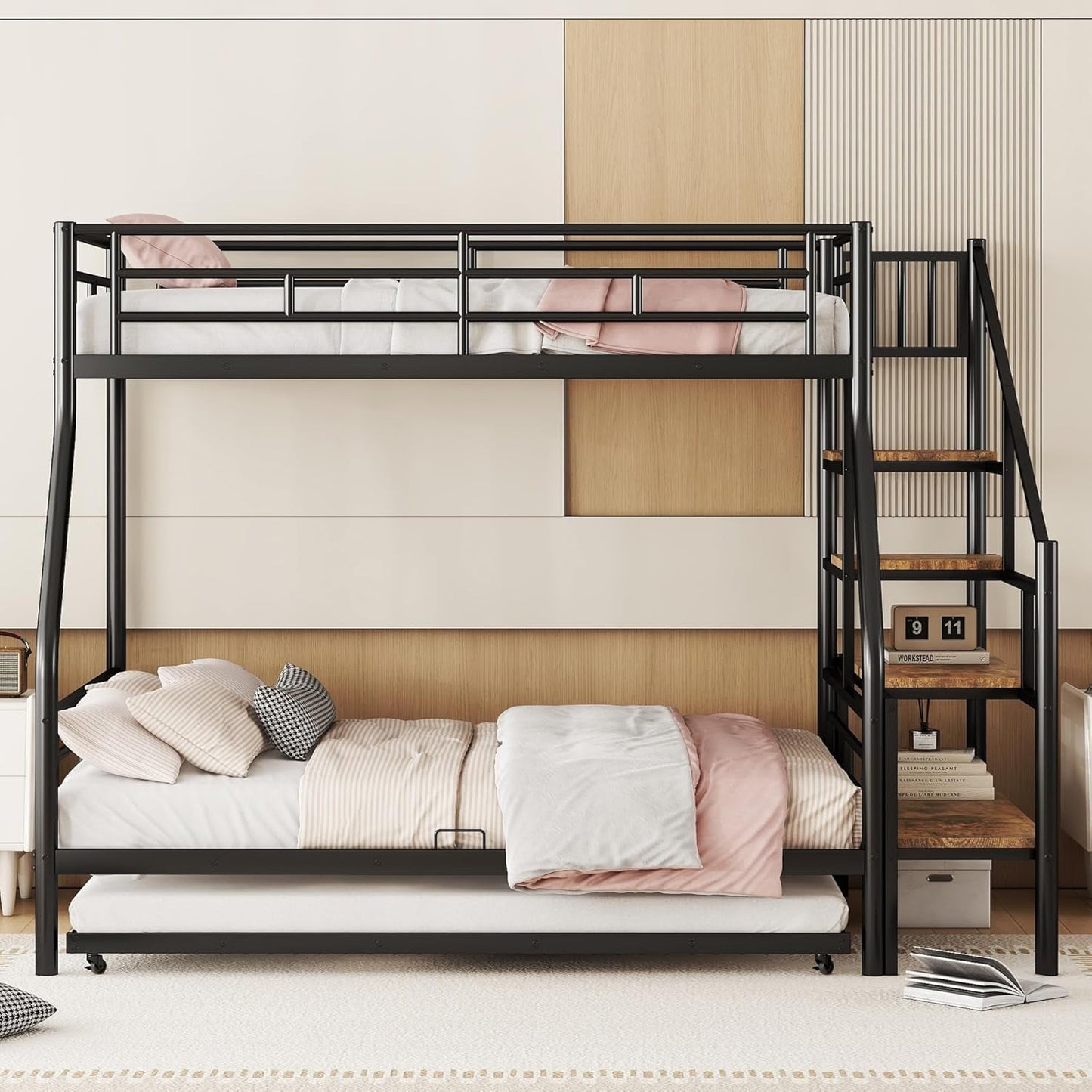 Twin over Full Metal Bunk Beds with Trundle,Heavy-Duty Metal Bunk Bed Frame with Storage Staircase for Kids,Teens,Adults,Space-Saving,Black-3
