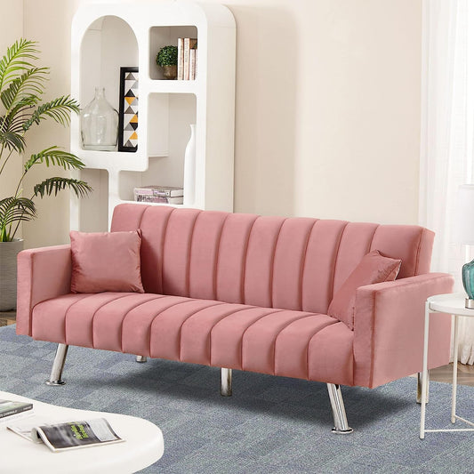 Pink Velvet Sofa Bed with 2 Pillows-0