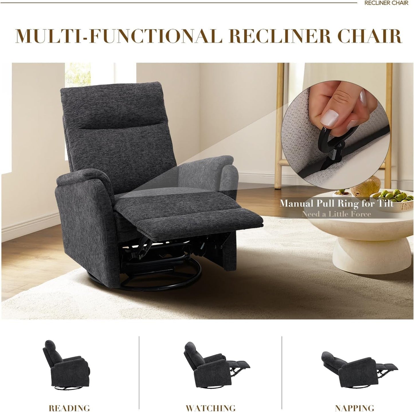 Swivel Rocking Recliner Glider Chair, Upholstered Fabric Reclining Rocker Chair with Footrest for Living Room, Nursery, Bedroom, Ergonomic High Backrest, Wide Seat Cushion and Metal Base-Darkgrey-3