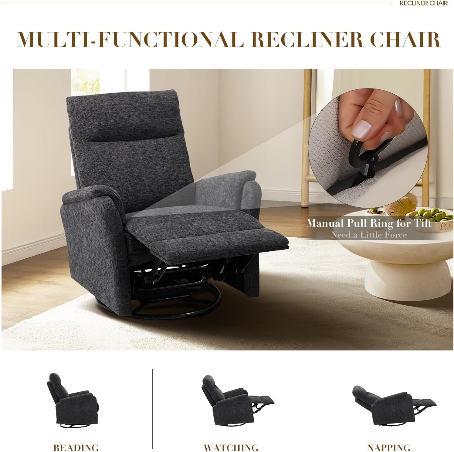 Swivel Rocking Recliner Glider Chair, Upholstered Fabric Reclining Rocker Chair with Footrest for Living Room, Nursery, Bedroom, Ergonomic High Backrest, Wide Seat Cushion and Metal Base-Darkgrey-3