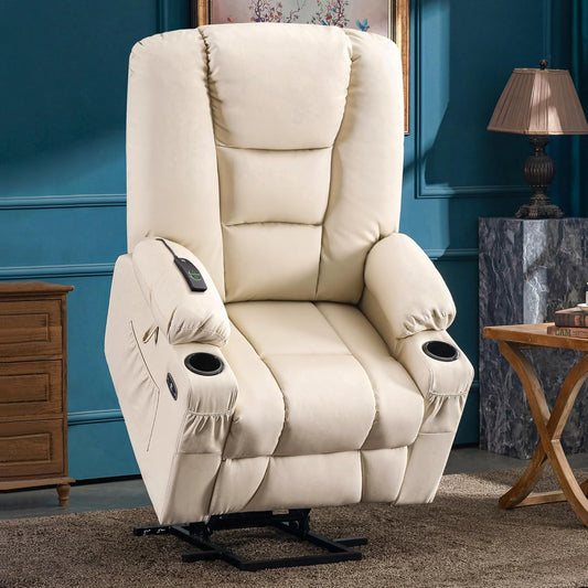 Large Power Lift Recliner Chair Sofa with Massage and Heat for Big and Tall Elderly People, 3 Positions, Cup Holders, and USB Ports, Faux Leather 7539 (Large, Cream White)-1