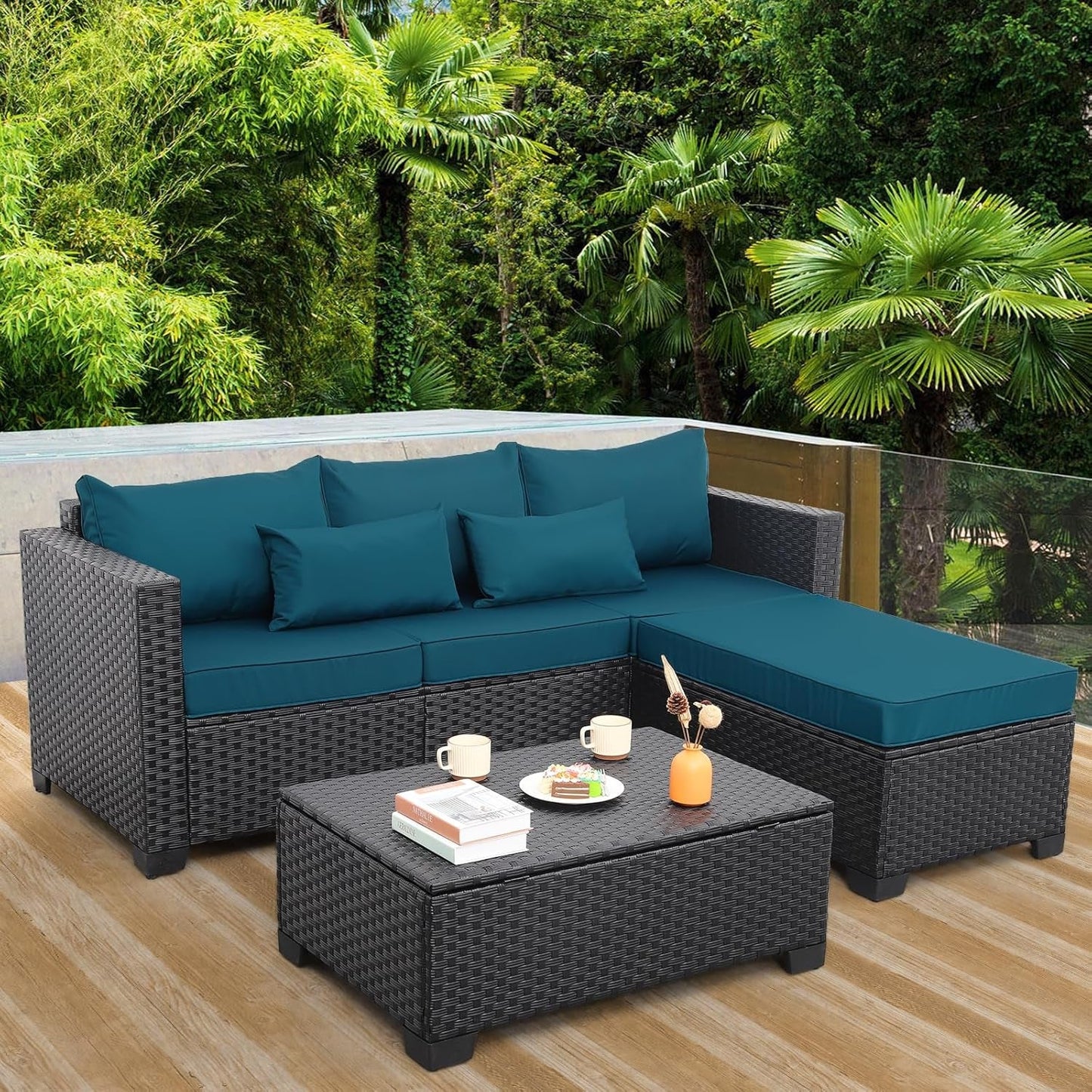 3 Pieces Patio Furniture Set Outdoor Sectional Wicker Patio Furniture Patio Couch with Ottoman and Outdoor Storage Table All-Weather Anti-Slip Cushions Waterproof Covers, Peacock Blue-1