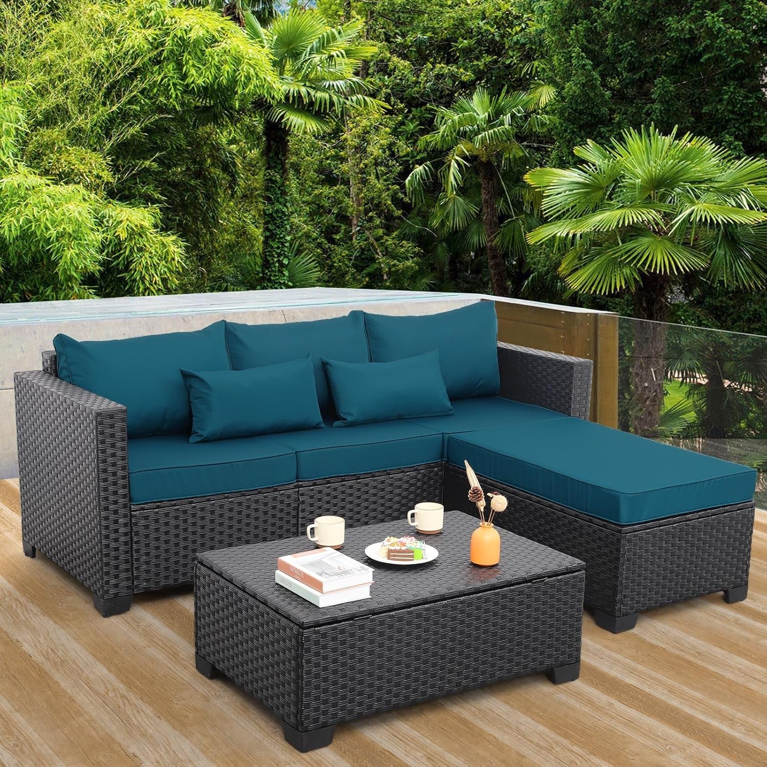 3 Pieces Patio Furniture Set Outdoor Sectional Wicker Patio Furniture Patio Couch with Ottoman and Outdoor Storage Table All-Weather Anti-Slip Cushions Waterproof Covers, Peacock Blue-1
